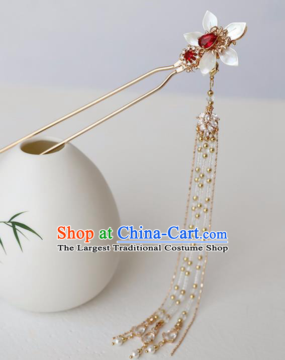 Chinese Ancient Hanfu Red Crystal Shell Hairpin Headwear Women Hair Accessories Golden Beads Tassel Hair Clip