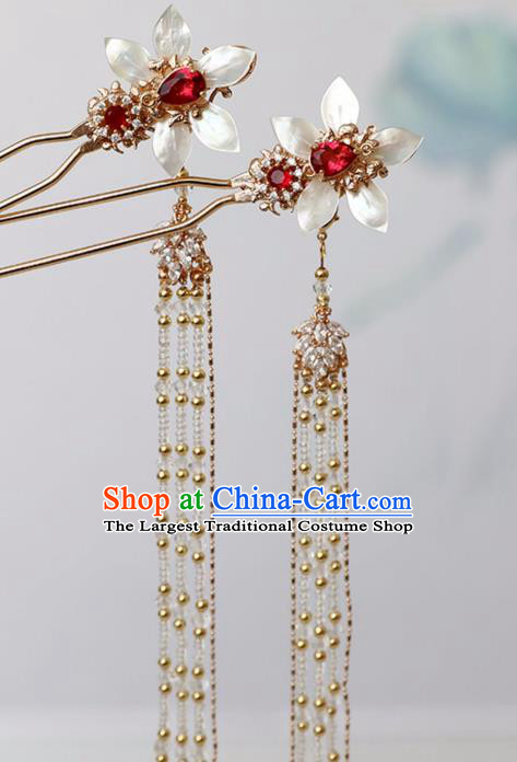 Chinese Ancient Hanfu Red Crystal Shell Hairpin Headwear Women Hair Accessories Golden Beads Tassel Hair Clip