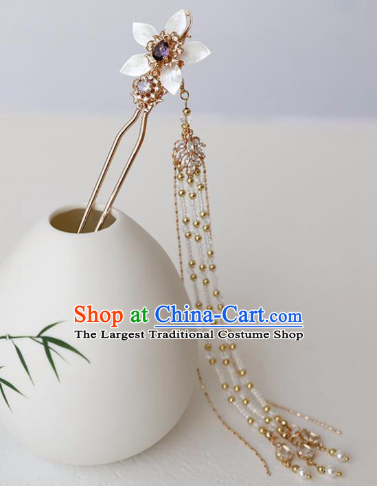Chinese Ancient Hanfu Purple Crystal Shell Hairpin Headwear Women Hair Accessories Golden Beads Tassel Hair Clip