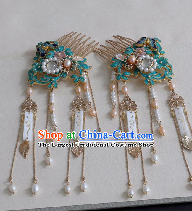 Chinese Ancient Ming Dynasty Cloisonne Hairpin Headwear Women Hair Accessories Pearls Tassel Hair Comb