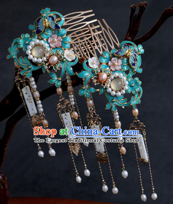 Chinese Ancient Ming Dynasty Cloisonne Hairpin Headwear Women Hair Accessories Pearls Tassel Hair Comb