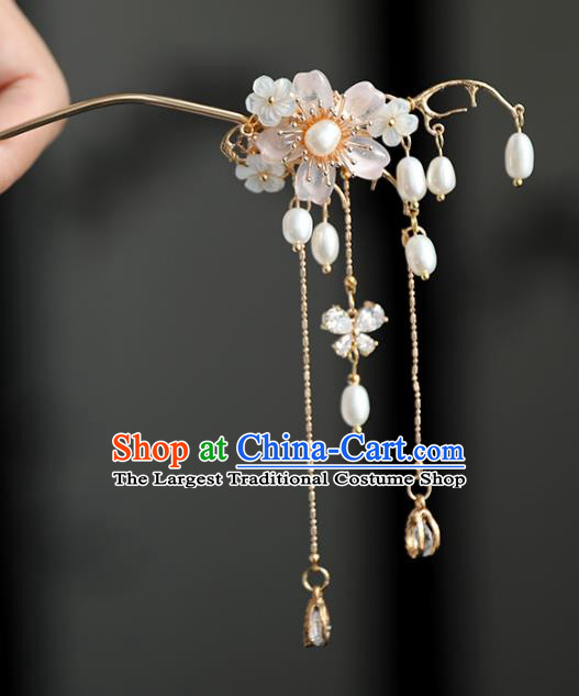 Chinese Ancient Pink Flower Hanfu Hair Clip Headwear Women Hair Accessories Ming Dynasty Pearls Tassel Hairpin