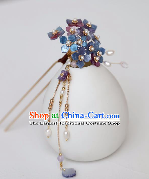 Chinese Ancient Ming Dynasty Purple Flowers Hairpin Headwear Women Hair Accessories Tassel Hair Clip