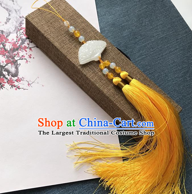 Chinese Ancient Hanfu Carving Fan Jade Yellow Tassel Pendant Waist Accessories Jade Lappet Jewelry