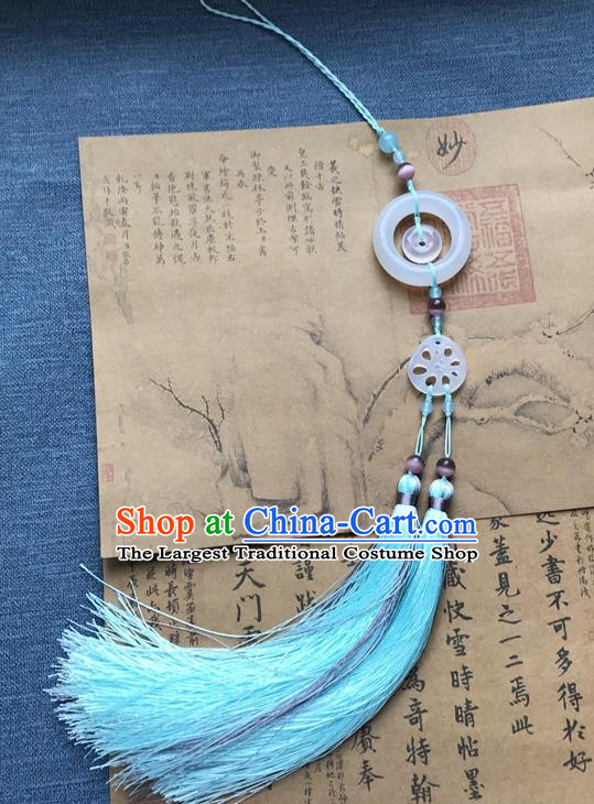 Chinese Ancient Hanfu Carving Lotus Root Jade Blue Tassel Pendant Jade Lappet Jewelry Brooch Accessories