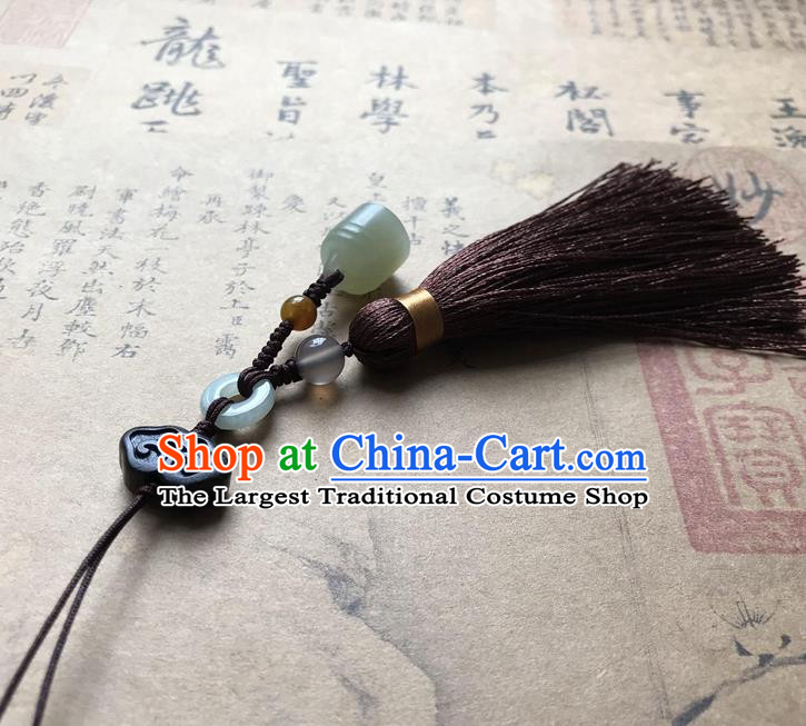 Chinese Ancient Hanfu Brown Tassel Pendant Jade Cloud Lappet Jewelry Brooch Accessories