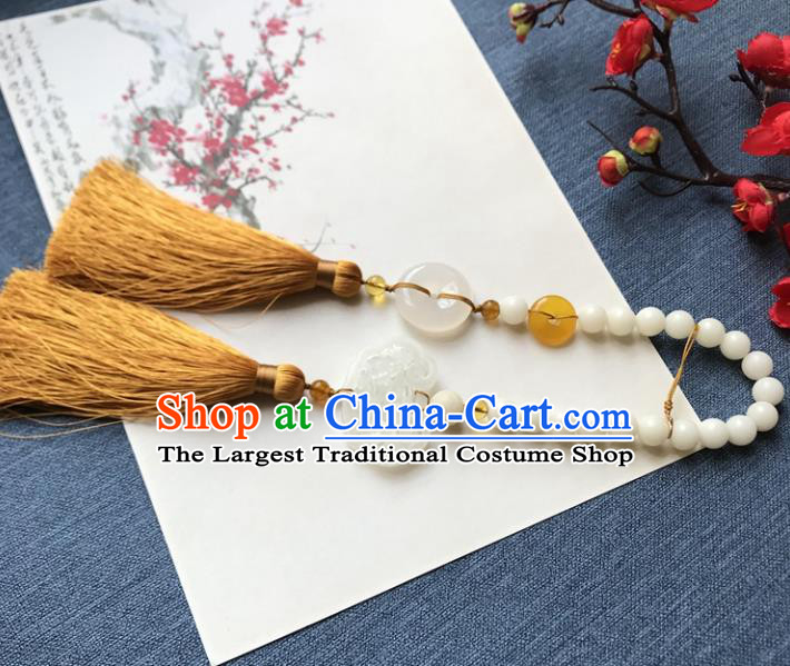 Chinese Ancient Hanfu Carving Jade Longevity Lock Tassel Pendant Jade Lappet Brooch Jewelry Accessories