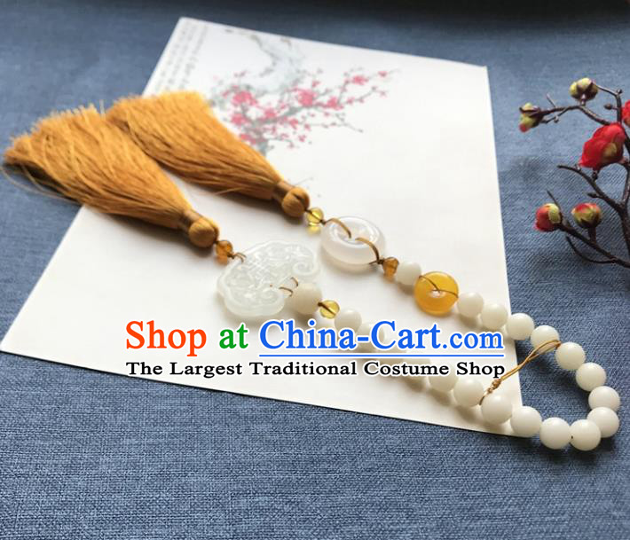 Chinese Ancient Hanfu Carving Jade Longevity Lock Tassel Pendant Jade Lappet Brooch Jewelry Accessories