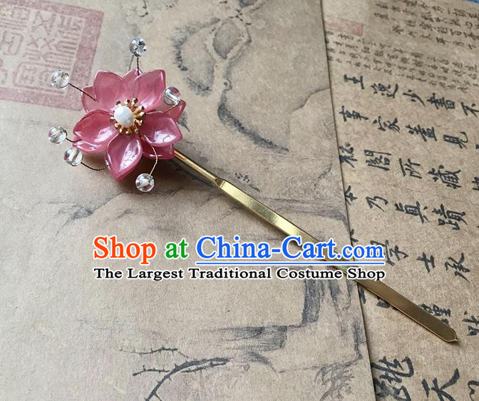 Chinese Ancient Women Pink Lotus Hair Clip Handmade Hanfu Hair Accessories Golden Hairpin Headwear