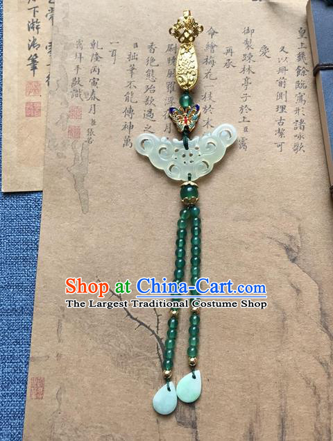 Chinese Ancient Hanfu Green Beads Tassel Pendant Jade Lappet Brooch Jewelry Carving Jade Accessories