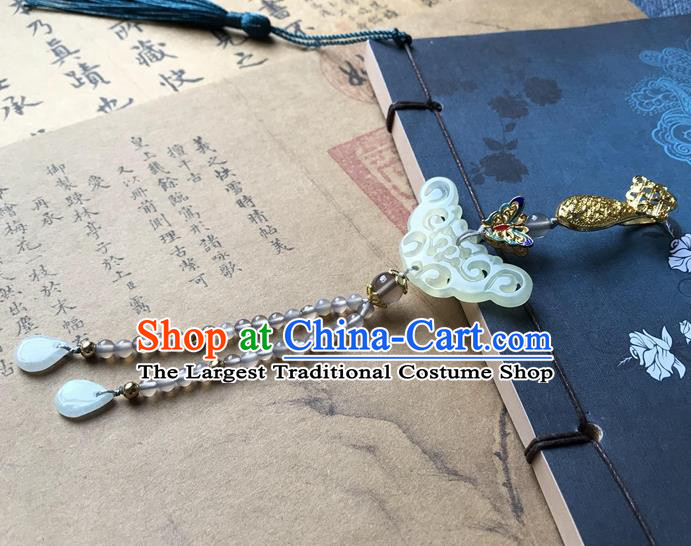 Chinese Ancient Hanfu Grey Beads Tassel Pendant Jade Lappet Brooch Jewelry Carving Jade Accessories