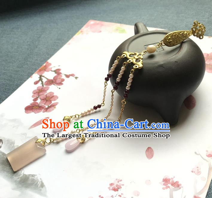Chinese Ancient Hanfu Pearls Tassel Pendant Golden Lucky Lappet Brooch Jewelry Jade Accessories