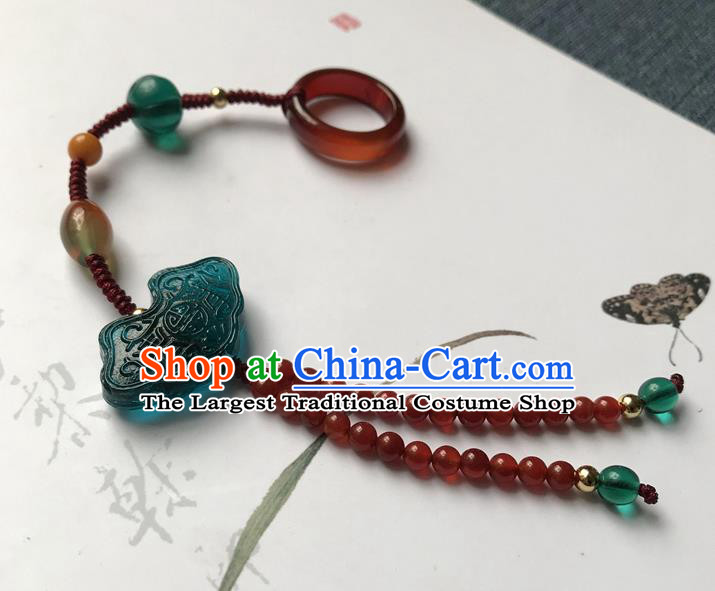 Chinese Ancient Hanfu Red Beads Tassel Pendant Lappet Brooch Jewelry Green Coloured Glaze Accessories