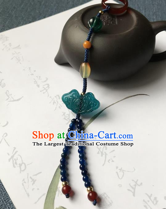 Chinese Ancient Hanfu Blue Beads Tassel Pendant Lappet Brooch Jewelry Green Coloured Glaze Accessories