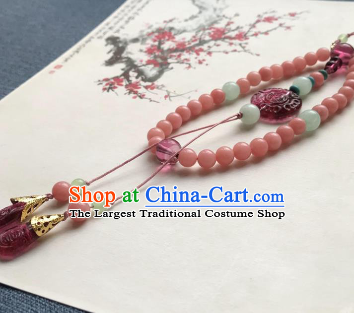 Chinese Ancient Hanfu Pink Beads Tassel Pendant Lappet Brooch Jewelry Carnelian Accessories