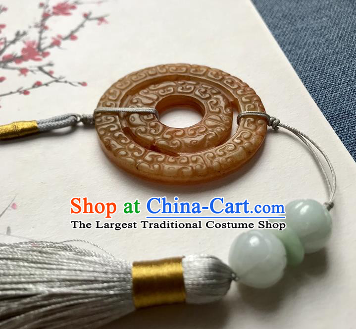 Chinese Ancient Hanfu Grey Tassel Pendant Yellow Jade Brooch Jewelry Accessories Lappet