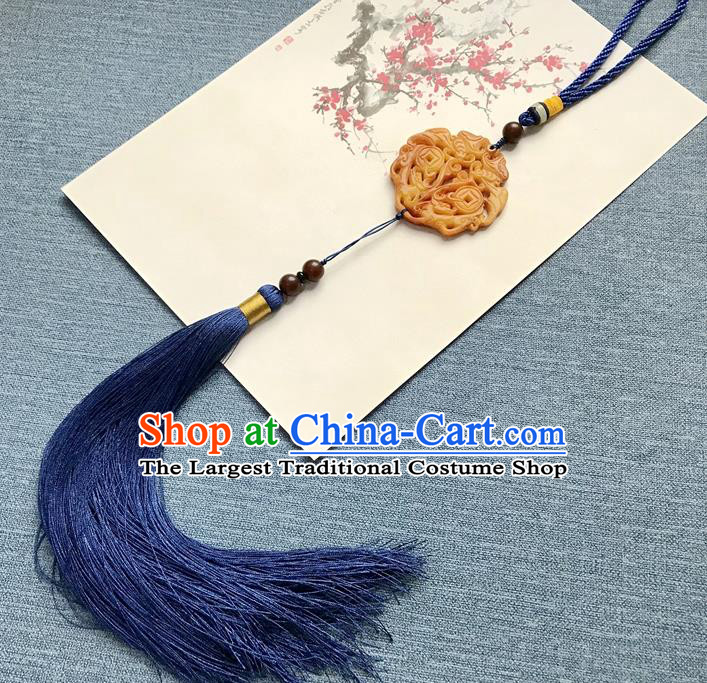 Chinese Ancient Hanfu Royalblue Tassel Pendant Yellow Jade Carving Brooch Jewelry Accessories Lappet