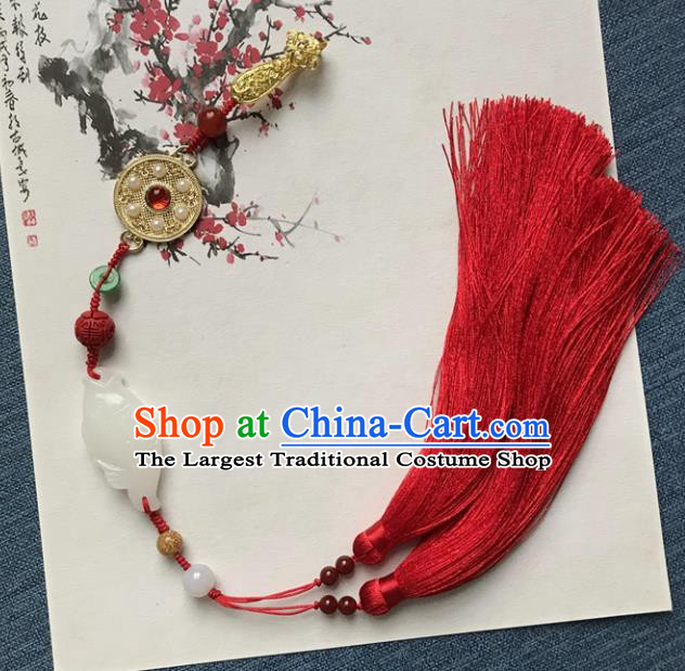 Chinese Ancient Hanfu Red Tassel Brooch Pendant White Jade Carving Fish Jewelry Golden Accessories Lappet