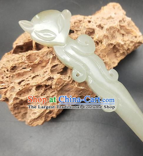 Chinese Ancient Swordsman Carving Fox Jade Hair Clip Headwear Hair Accessories Hetian Jade Hairpin