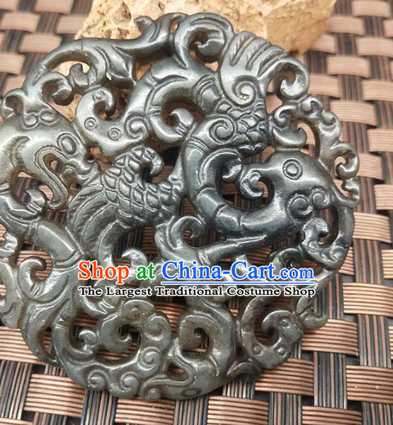 Chinese Handmade Jade Label Craft Hetian Jade Carving Dragon Phoenix Necklace Accessories Pendant