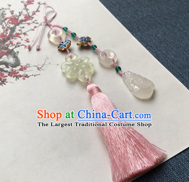 Chinese Ancient Hanfu Pink Tassel Brooch Pendant Jade Knot Jewelry Accessories Cloisonne Lotus Lappet