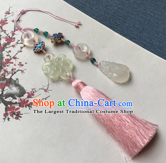 Chinese Ancient Hanfu Pink Tassel Brooch Pendant Jade Knot Jewelry Accessories Cloisonne Lotus Lappet
