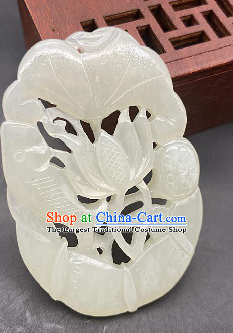 Chinese Ancient Carving Fish Lotus Jade Necklace Accessories Jade Label Craft Hetian Jade Pendant