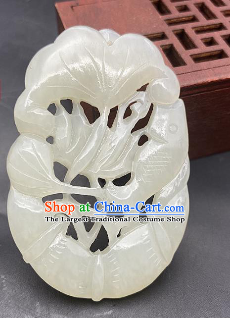 Chinese Ancient Carving Fish Lotus Jade Necklace Accessories Jade Label Craft Hetian Jade Pendant