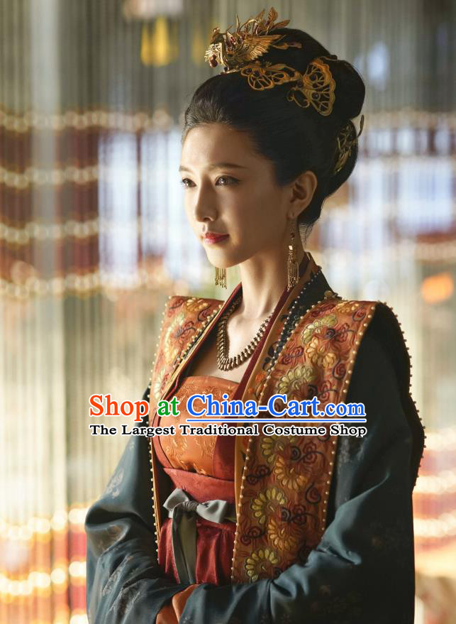 Chinese Ancient Song Dynasty Queen Historical Costumes and Headdress Drama Serenade of Peaceful Joy Empress Cao Danshu Dress Garment