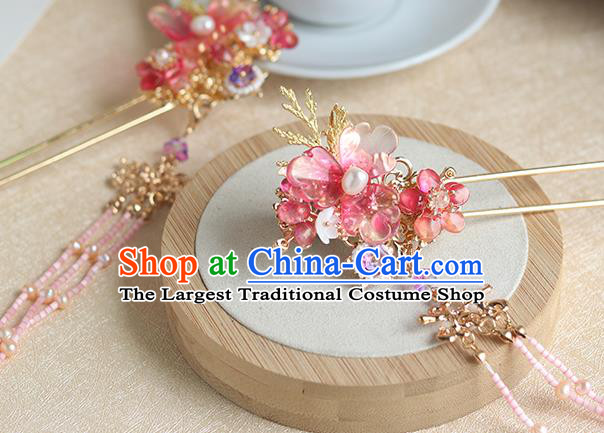 Chinese Ancient Hanfu Red Flowers Hair Accessories Women Hairpin Headwear Pink Beads Tassel Hair Clip