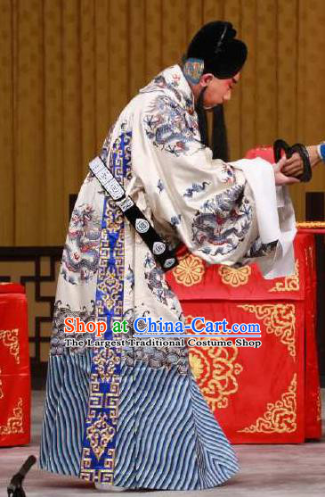 Chinese Peking Opera Laosheng Garment the Fourth Son Visits His Mother Ol Male Apparel Costumes Python Embroidered Robe and Headwear