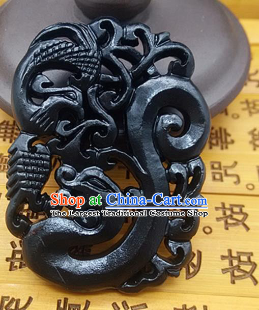 Chinese Handmade Carving Dragon Phoenix Jade Label Belt Accessories Handgrip Craft Handmade Black Jade Waist Pendant