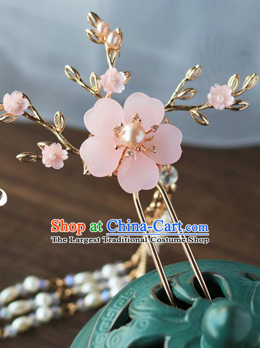 Chinese Ancient Hanfu Pearls Tassel Hair Clip Hair Accessories Women Headwear Pink Flower Hairpin