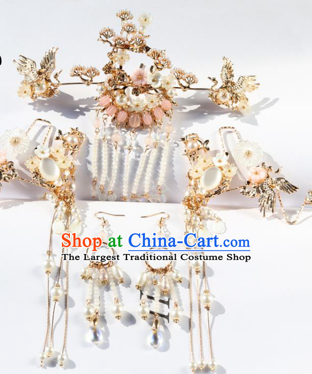 Chinese Ancient Hanfu Tassel Hair Clip Hair Accessories Women Headwear Golden Crane Hair Crown Hairpin Complete Set