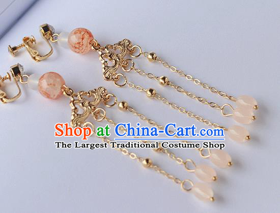 Chinese Ancient Hanfu Pink Beads Tassel Earrings Jewelry Women Ear Accessories