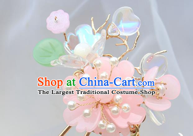 Chinese Ancient Pink Flower Hair Clip Hanfu Hair Accessories Tassel Hairpin Women Headwear