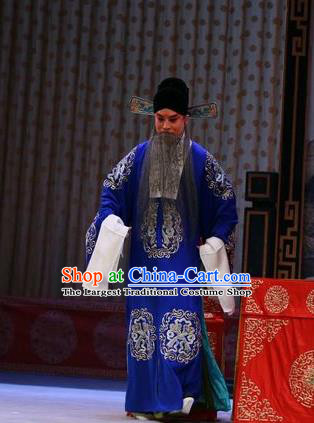 Chinese Peking Opera Costumes Garment Peking Opera Lv Bu and Diao Chan Old Men Apparels Blue Robe and Headwear