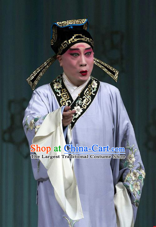 Chinese Beijing Opera Young Male Costumes Garment Peking Opera Return of the Phoenix Apparels Scholar Purple Robe and Hat