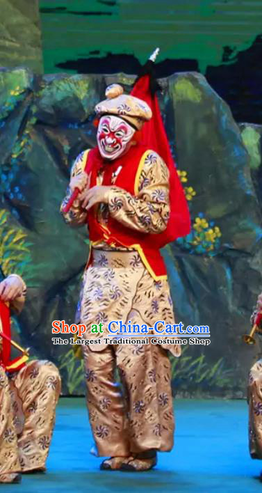 Chinese Peking Opera Monkey Soldier Havoc In Heaven Costumes Apparels Wusheng Garment and Headwear Complete Set