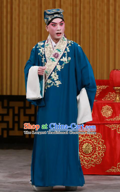 Chinese Beijing Opera Niche Young Men Costumes Garment Peking Opera Return of the Phoenix Apparels Xiaosheng Scholar Navy Robe and Headwear