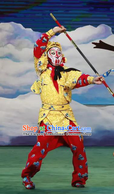 Chinese Peking Opera Monkey King Havoc In Heaven Martial Men Apparels Costumes Sun Wukong Wusheng Garment and Headwear