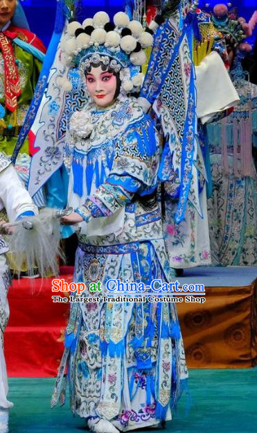 Chinese Traditional Peking Opera Garment Costumes Yangmen Female General General Kao Armor Suit with Flags Apparels and Headwear