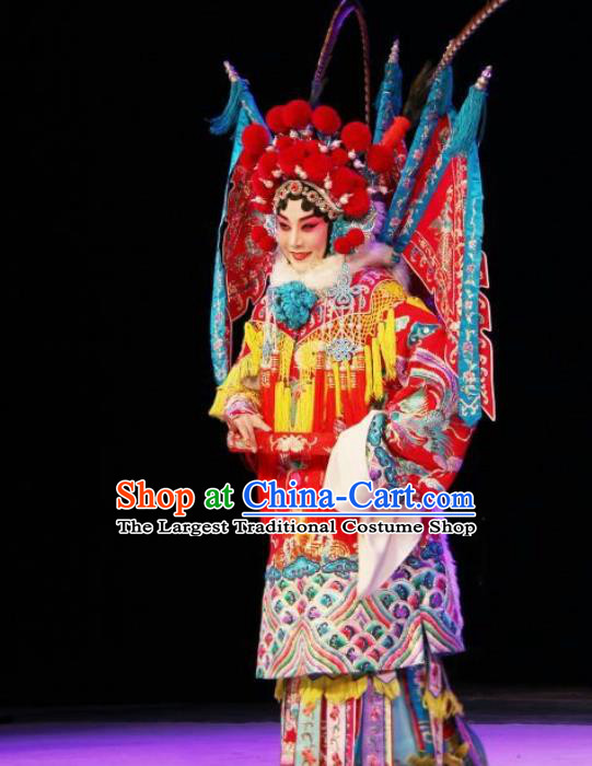 Chinese Traditional Peking Opera Blues Costumes Wujiapo Martial Female General Red Kao Armor Suit with Flags Apparels Garment and Headdress