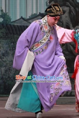 Chinese Peking Opera Scholar Apparels Costumes Matchmaker Young Men Niche Zhang Sheng Purple Robe and Headwear