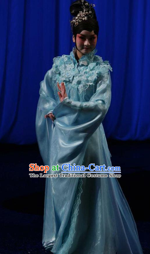 Chinese Kun Opera Young Lady Apparels Costumes The Fragrant Companion Peking Opera Hua Tan Garment Blue Dress and Hair Accessories