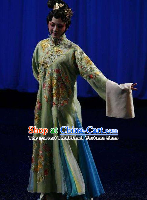 Chinese Kun Opera Hua Tan Apparels Costumes The Fragrant Companion Peking Opera Young Lady Garment Green Dress and Hair Accessories