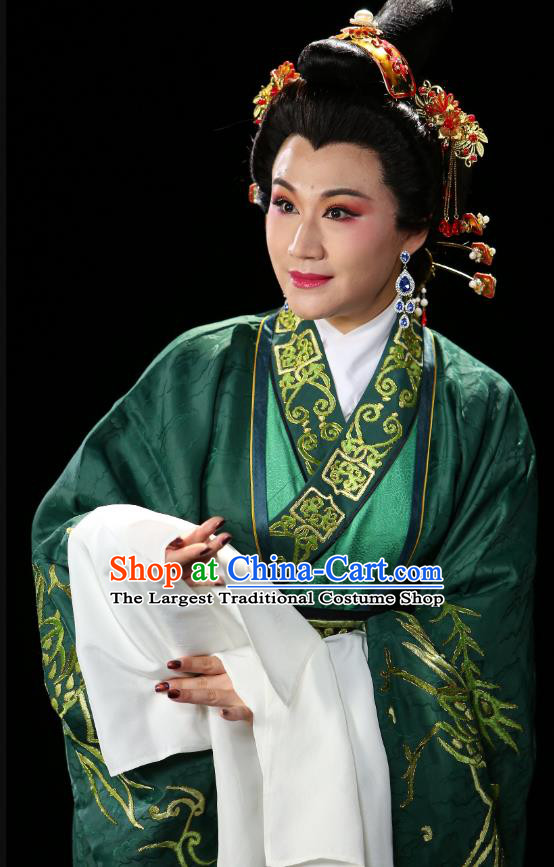 Chinese Beijing Opera Rich Dame Hanfu Dress Costumes Cao Cao And Yang Xiu Peking Opera Female Role Green Garment and Hair Accessories