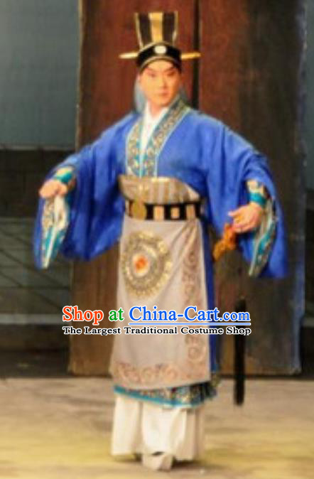 Chinese Historical Beijing Opera Niche Costumes Cao Cao And Yang Xiu Apparels Young Male Blue Garment and Hat