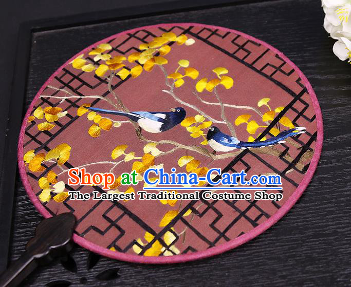 Chinese Traditional Embroidered Ginkgo Palace Fans Handmade Classical Dance Ebony Round Fan for Women
