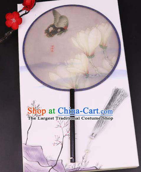 Chinese Traditional Printing Mangnolia Butterfly Round Fans Handmade Classical Dance Ebony Palace Fan for Women